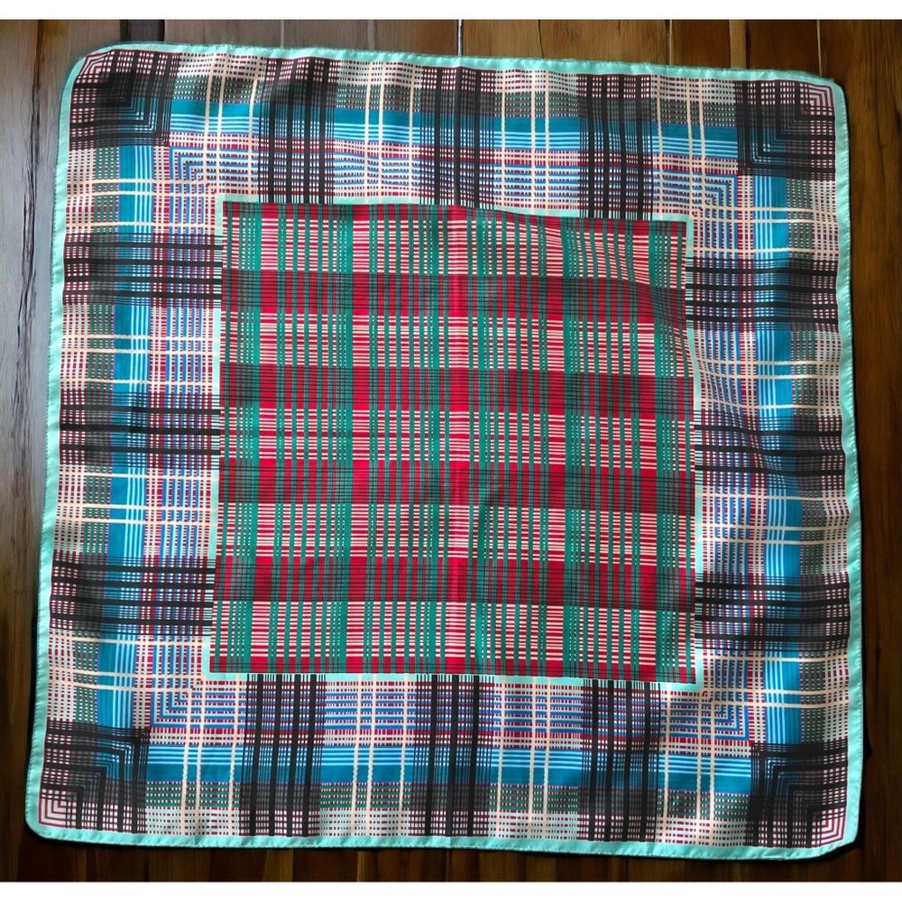 Vintage Morsly Scarf Tartan Plaid Square Geometric Italy 27" Blue Green